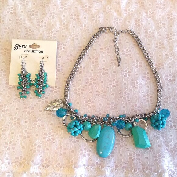 Vintage NEW Euro Collection Handmade Teal Blue Beads Silver Tone Necklace - Picture 3 of 8